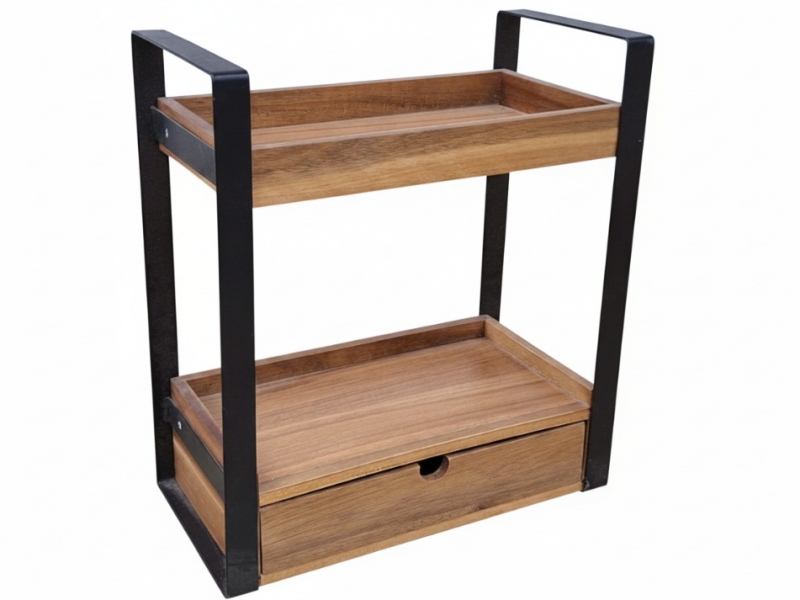 Ultimate Acacia Wood and Iron 2-Tier Organizer Shelf with Built-in Drawer